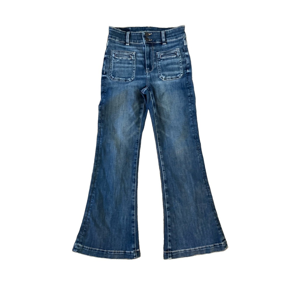 American Eagle Hi-Rise Flare Jeans Next Level Stretch Blue Patch Pocket 2 Short